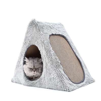 Wholesale Triangle Cat Pet Cave Bed Plush Warm Felt Cat Bed With Cat Scratcher