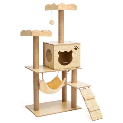 Wood Cat Tree House Condo with Sisal Covered Scratching Post Plush Perch Hammock Cat Tower